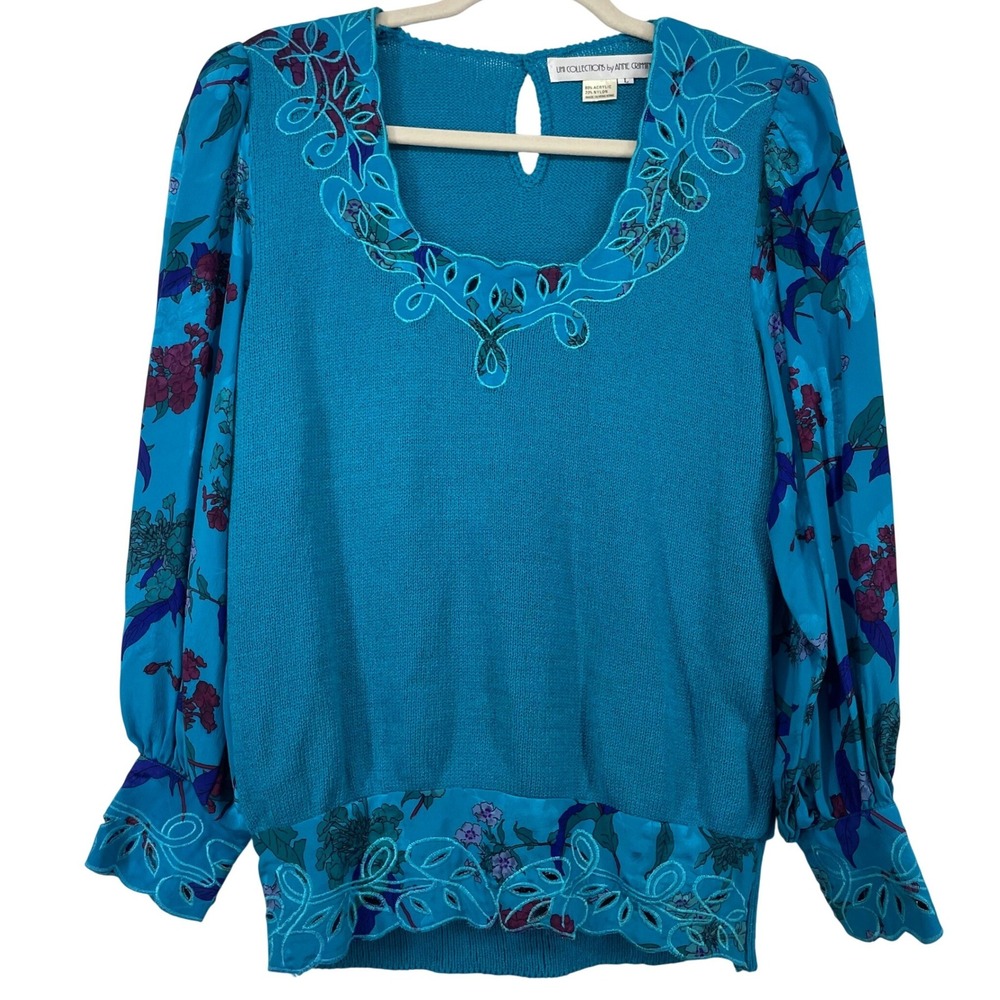 Umi Collections Anne Crimmins Size L Blouse Vintage‎ Top Blue Floral Embroidered